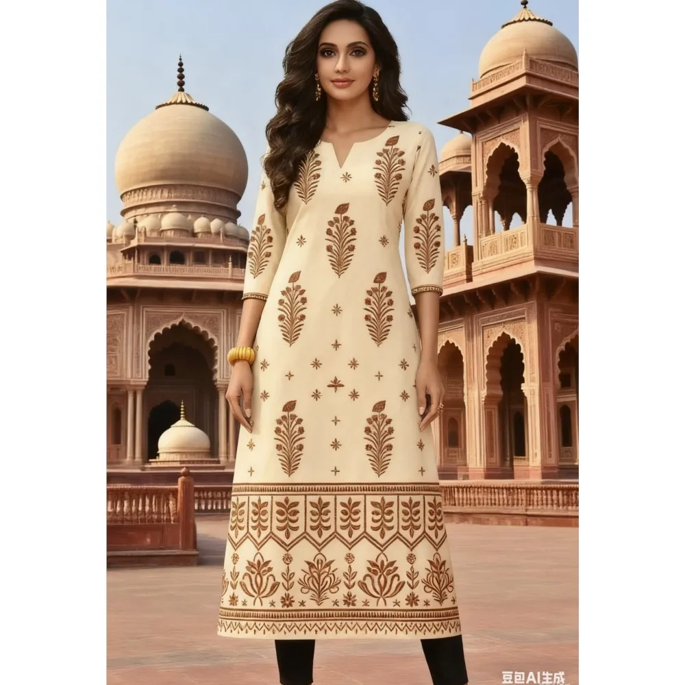 National style Muslim Women's Casual Fashionable And Comfortable Kurtta Dress Long Sleeved Straight Tube Casual Ethnic