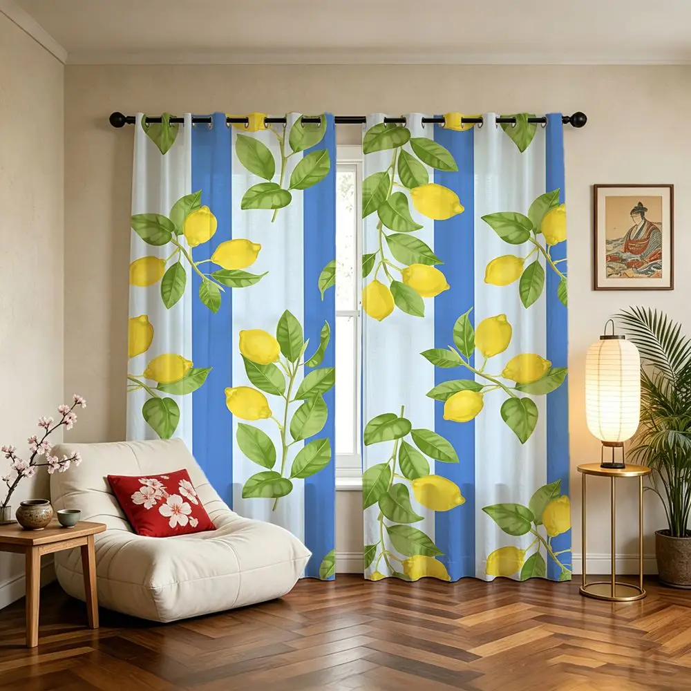 Lemon Blue Striped Printed Curtains 2 Panels Light Blocking Rate 85% Darkening Decoration Curtains Summer Home Shade