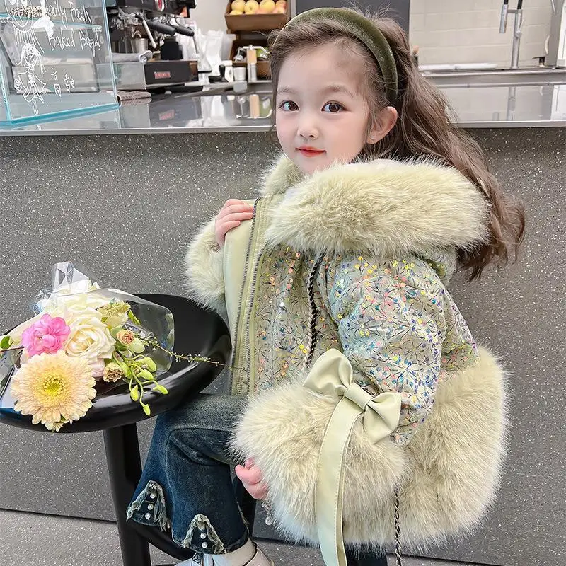 Winter Warm Jackets New Year Cotton Coats Cute Girls Jackets Baby Plus Velvet Thick  Kids Hooded Outerwear Children Shiny Coat