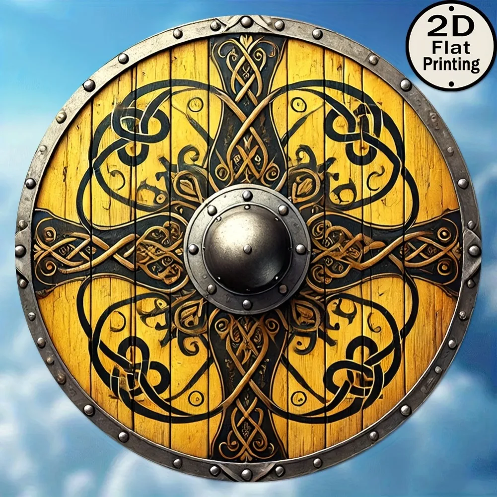 Metal Viking Shield Wall Art 8 Inch Round Metal Plaque Black Gold Celtic Knot