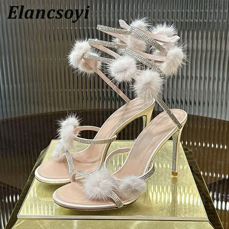 High Heels Sandals Women's Bling Rhinestone Fur Ball Decor Snake Shaped Winding Banquet Shoes Sexy Thin Heels Open Toe Sandalias