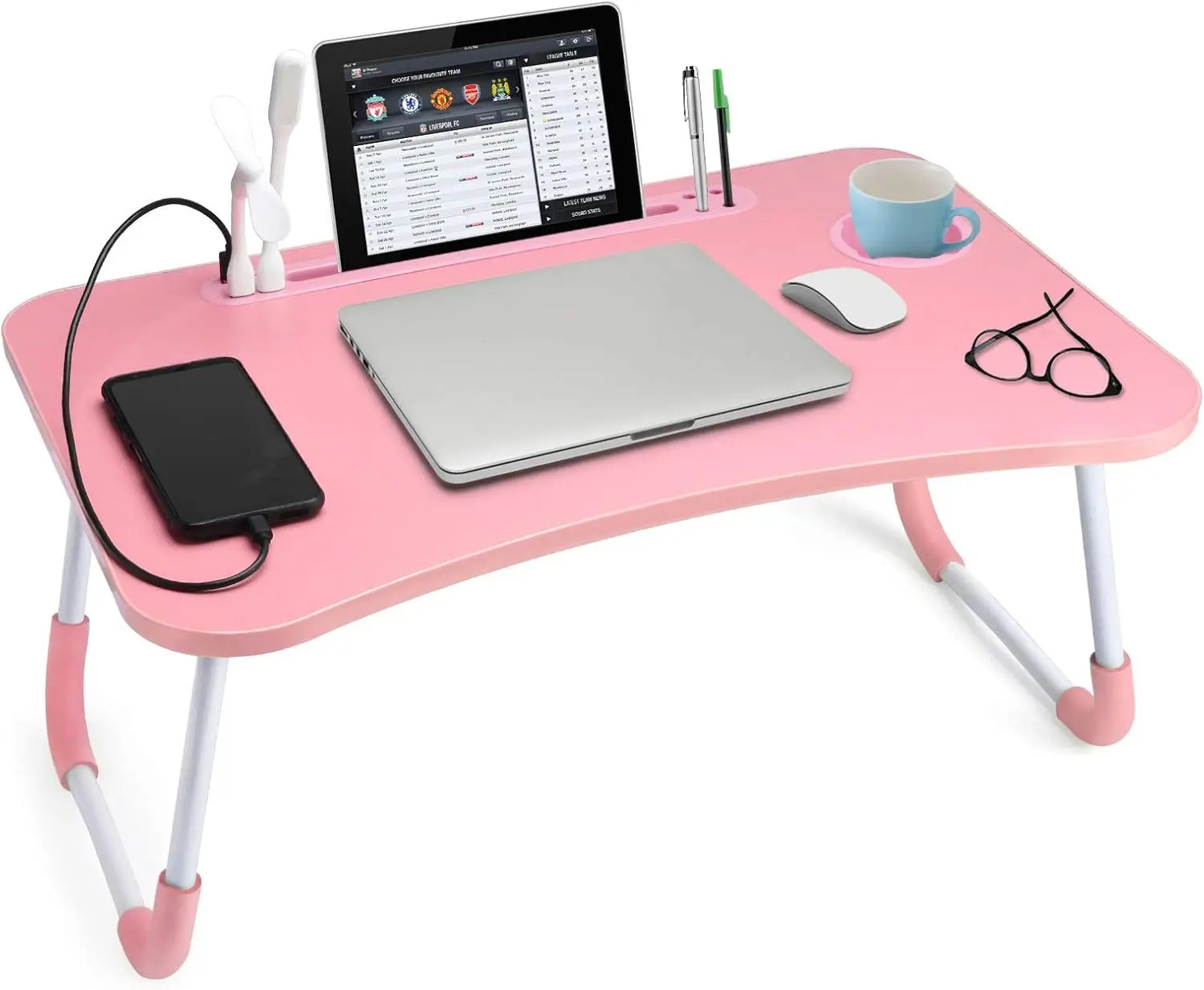 

Foldable Laptop Table with Cup Holder and Tablet Slot, Portable Bed Desk for Writing and Reading on Couch Sofa Floor