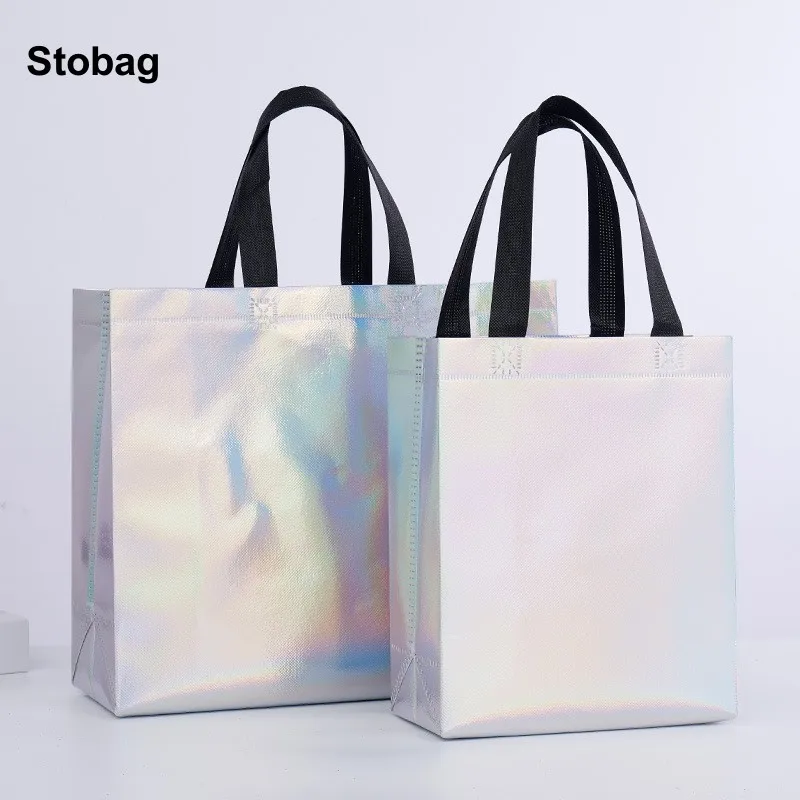 

StoBag 25pcs Wholesale Laser Non-woven Shopping Tote Bags Portable Waterproof Storage Reusable Pouch Custom Logo(Extra Fee)