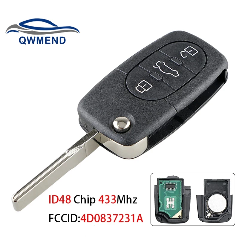 QWMEND Remote Car Key for Audi 4D0837231A 3BUT for Audi A3 A4 A6 A8 Old Models 1999-2002 Flip Key for Car ID48 Chip 433Mhz