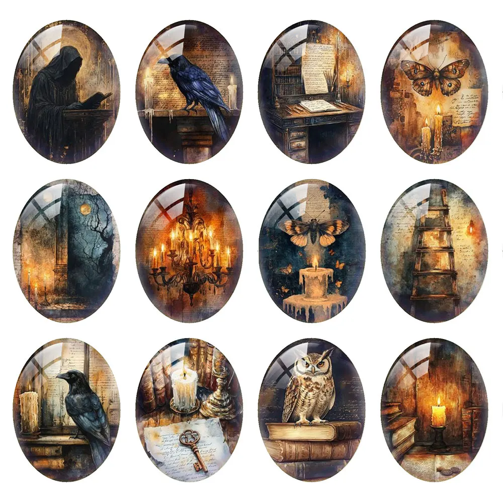 Random Mixed Round/Oval/Square Gothic Dark Library Raven Owl Candle Photo Glass Cabochon Flatback Demo Cameo Diy Jewelry Making