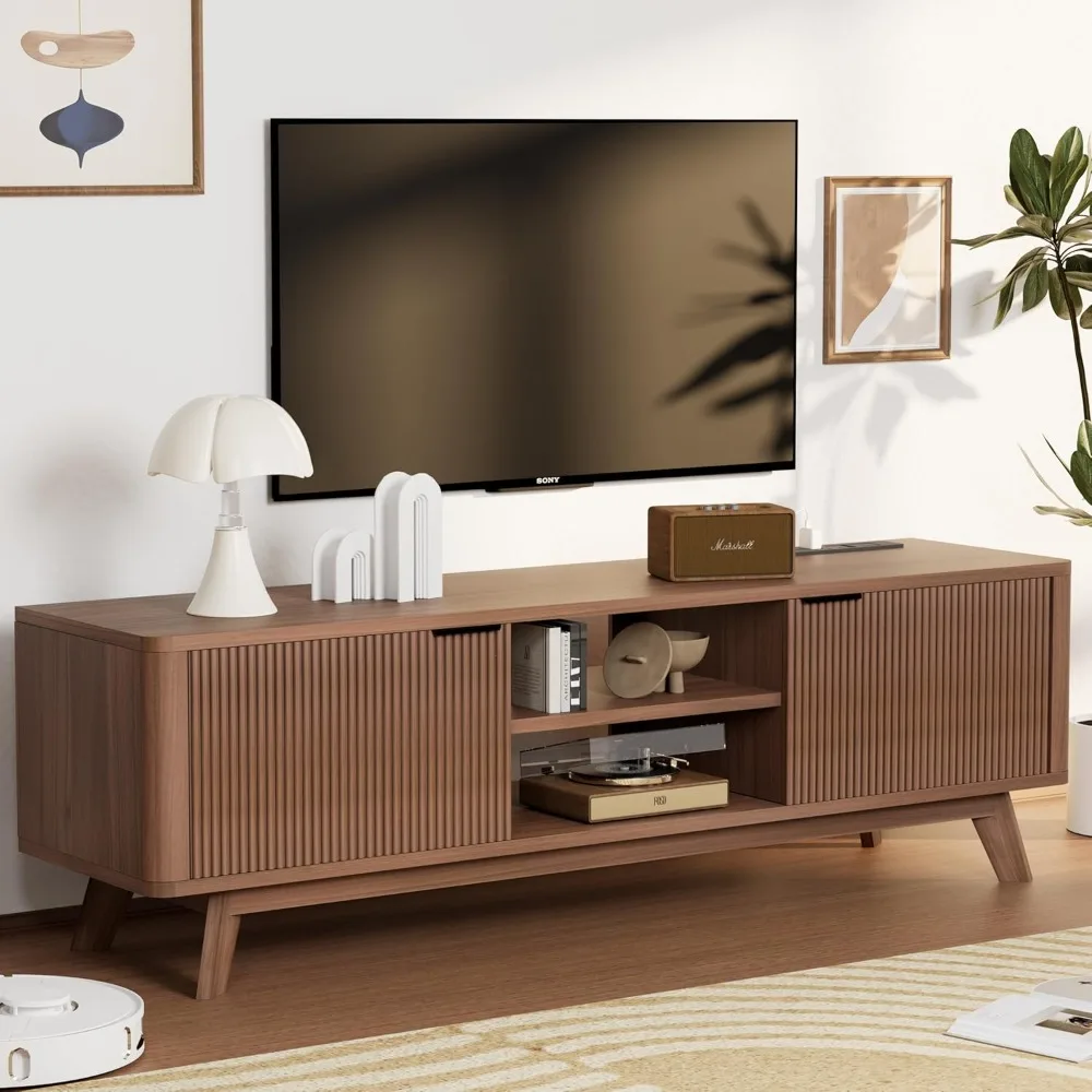 

Modern TV Stand for Living Room,Large TV Table with Fluted Door Cabinets and Open Shelves,Entertainment Center with Storage and