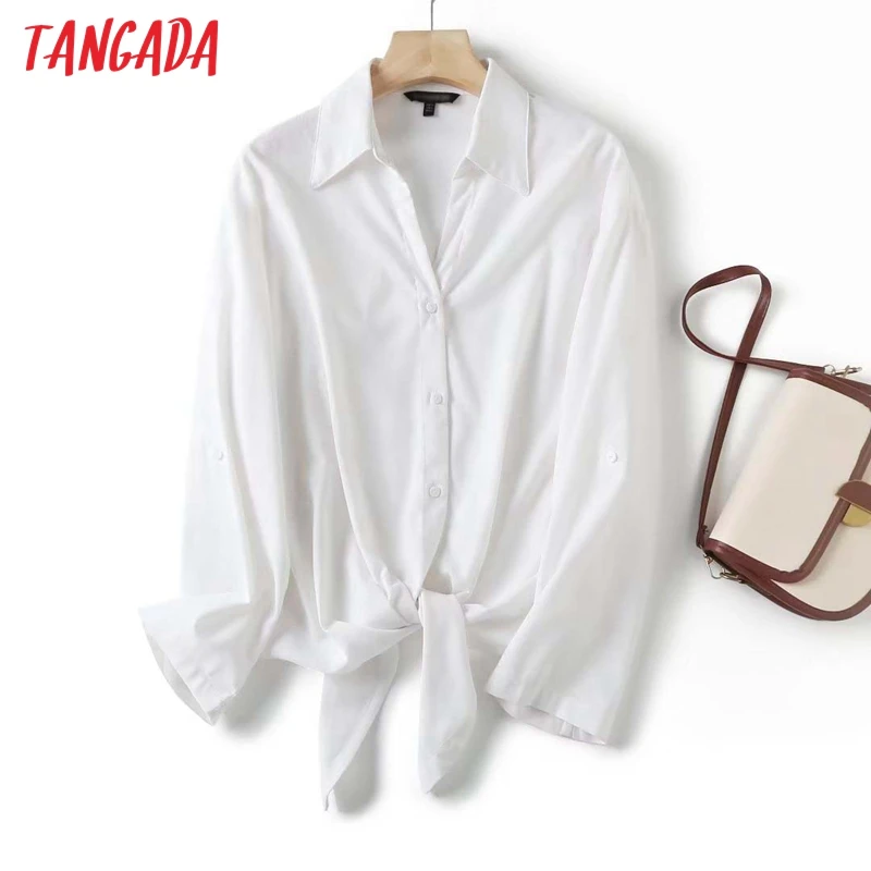 Tangada 2024 Women High Quality Linen Cotton Blouse With Bow Long Sleeve Ladies Oversized Shirt Top 4C309