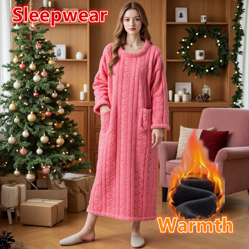 Winter Warm homewear Long Sleeve Double Pocket Flannel Nightgowns Women Loose Solid Sleepwear Jacquard Night Dress Thickened