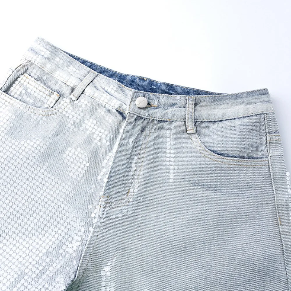 Early Autumn Retro Denim Pants Mens High Waist Slimming Hot Stamping Diamond Gradually Changing Color Loose Wide Leg Jeans