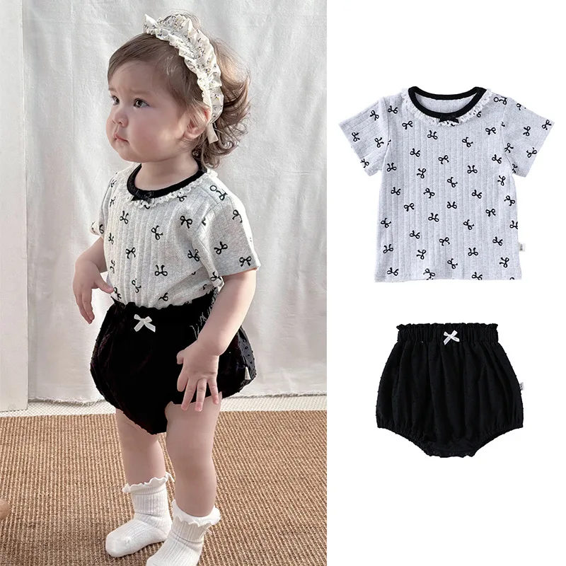 

2026Summer dress for small-month-old baby girls with stylish bow and short sleeves+Cute two-piece set of bloomers pants for girl