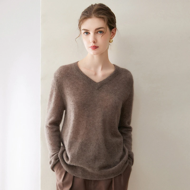 Women's 75% cashmere +25% mulberry silk sweater casual solid color knitted pullover loose V neck Blouse warm Tops Jumper