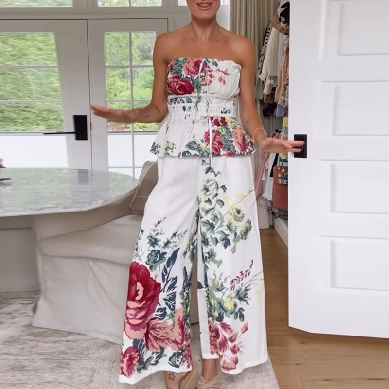 

Women Sexy Strapless Top & Straight Pants Suit Summer Pattern Printed Backless Beach Set Fashion Backless Ruffle Holiday Outfit