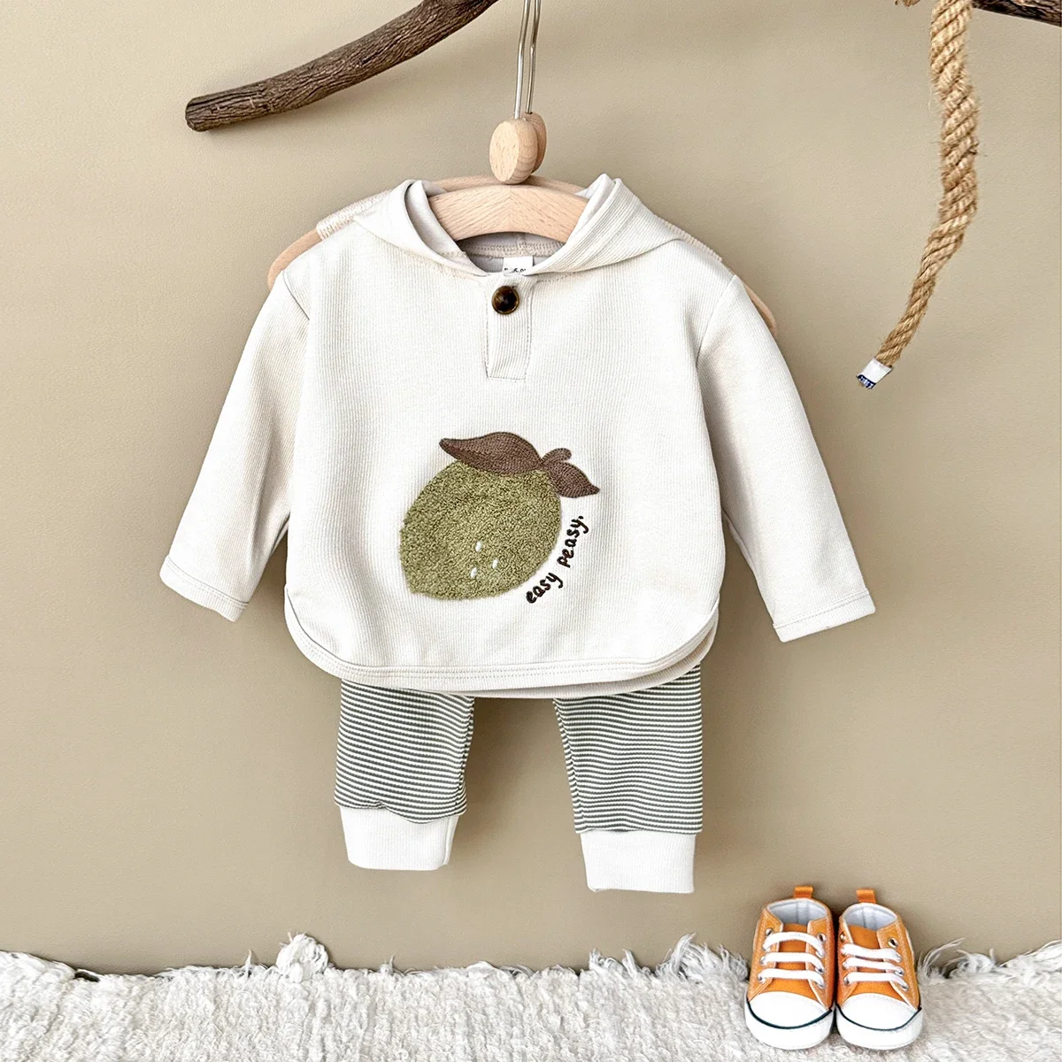 Baby Unisex Spring Autumn Outfit Lemon Flocking Lapel Top Green White Striped Pants Toddler 2Pcs Clothes Set 5