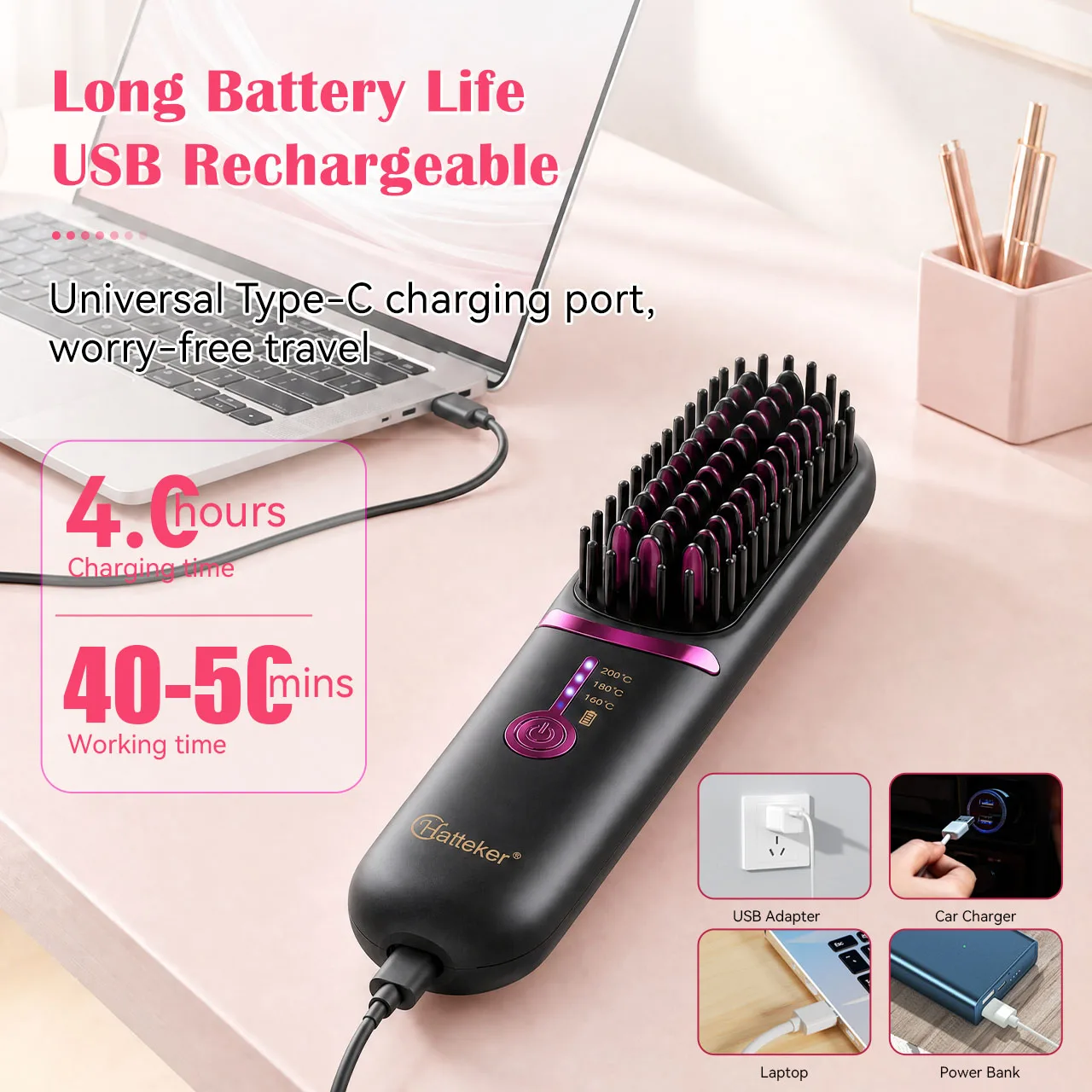 Hatteker Wireless Portable Travel Hair Straightening Comb Three Temperature Settings Volumizing Root Straight And Curl Dual Use Hot Air Comb - view 4
