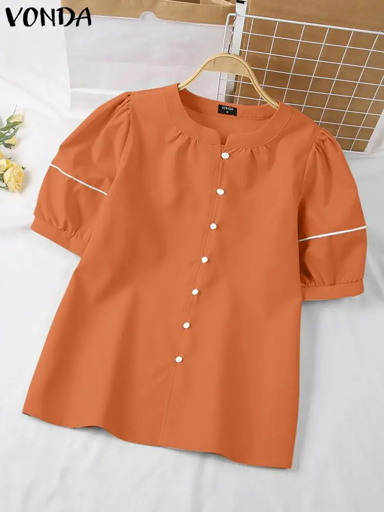 VONDA 2024 camicie estive elegante donna manica corta camicetta arruffata tinta unita o-collo Casual bottoni larghi top oversize Blusas