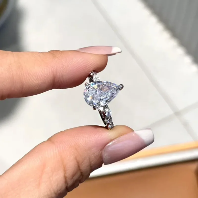 الأزياء الأوروبية والأمريكية الفاخرة S925 الفضة مطعمة عالية الكربون الماس مويسانيتي قطرة الماء 8 * 12 حلقة، نمط #4