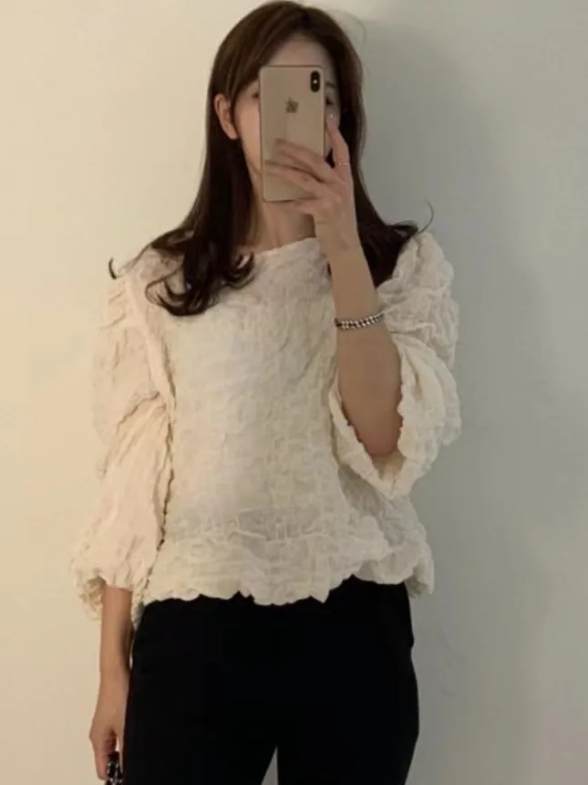 Chic Early Spring Long Sve Plissee Bubble Pattern Doll irt Damen Anti-Aging Sweet Sle Simple Ele Vielseitige Bluse