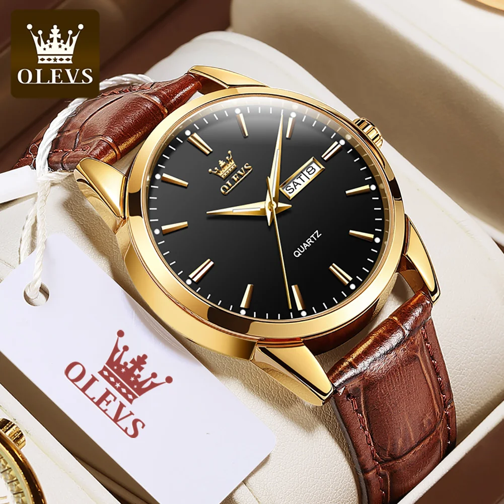 OLEVS Top Brand Men Classic Quartz Waterproof Watch Leather Strap Business Popular Casual Watch for Man Original Luminous Clock