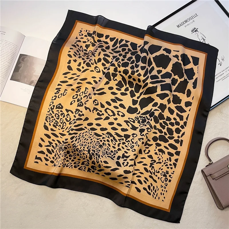 Luxury Brand Leopard Print Women Imitation Silk Scarf Square Women Neck Scarves Headkerchief Beach Hair Band Women\'s Bandana