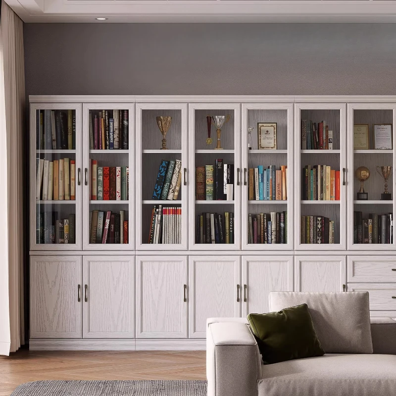 

Solid wood full wall bookcase floor with glass door dustproof living room American locker household bookshelf integrated