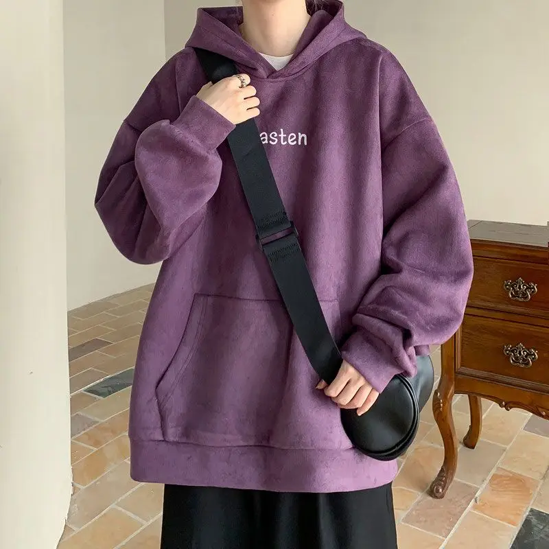 Purple suede sweatshirt for men 2024 autumn and winter American heavyweight hoodie trendy brand youth all match casual jacket