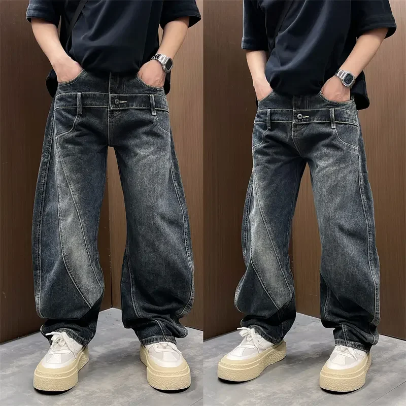 

Американские джинсы с декоративными вставками, мужские свободные прямые брюки с широкими штанинами, ретро-стиль, длинные брюки с декоративными элементами, весна-осень-зима, модные
