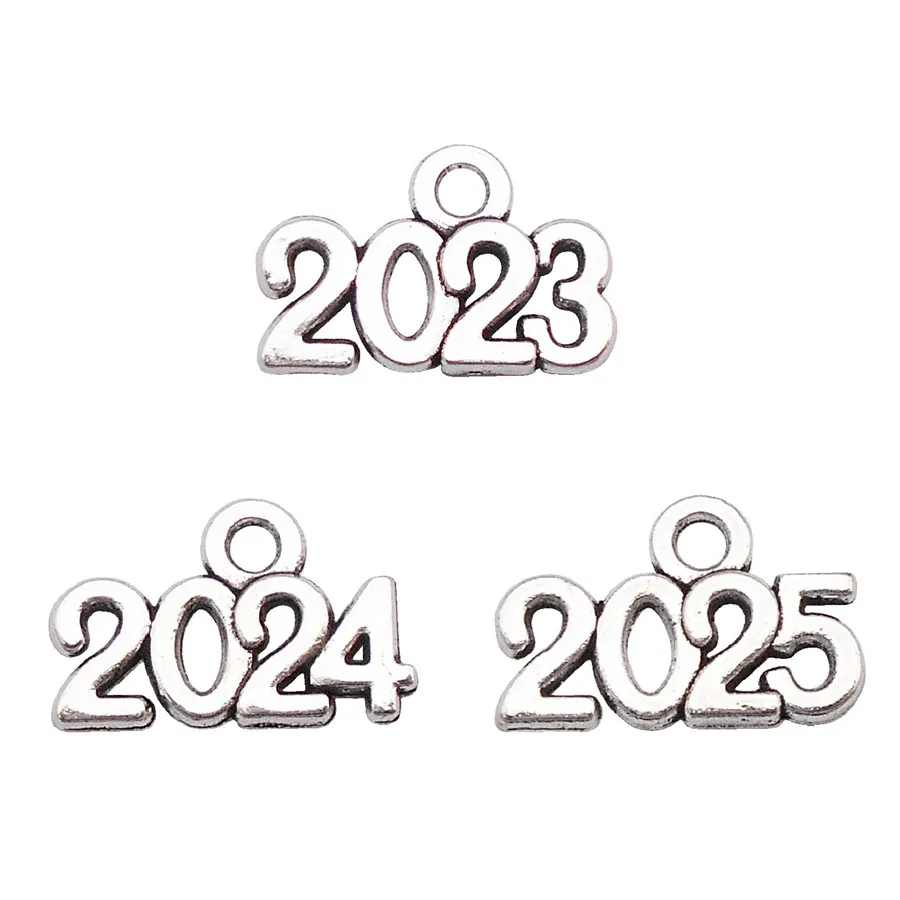 Julie Wang 100PCS Year Number Charms Alloy 2023 2024 2025 Antique Silver Plated Pendant Bracelet Jewelry Making Accessory