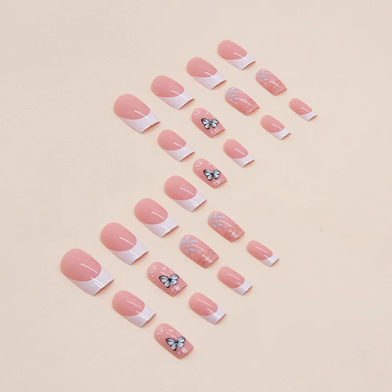 24 pieces of coffin shaped press on nails printed 3D effect fake nails with 1 nail glue and 1 nail file
