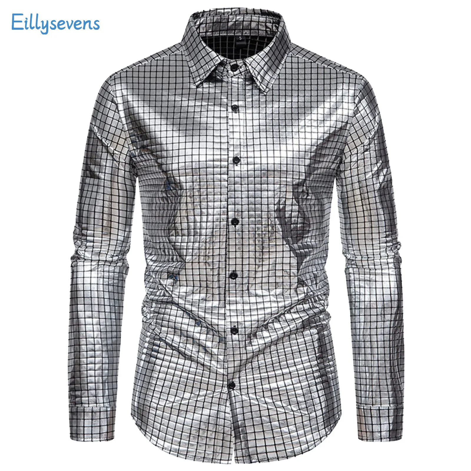 Men'S Shiny Shirts Solid Color Checkered Hot Stamping Shirts Long Sleeve Lapel Stage Wear Banquet Fashion Nightclub Shirts