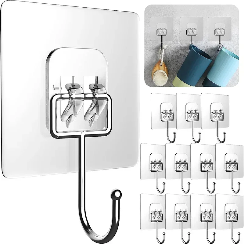 3/5Pcs Large Hooks Heavy Duty 22 lbs Waterproof Adhesive Wall Hooks Nail-Free Transparent Waterproof Hooks for Kitchen Bathroom