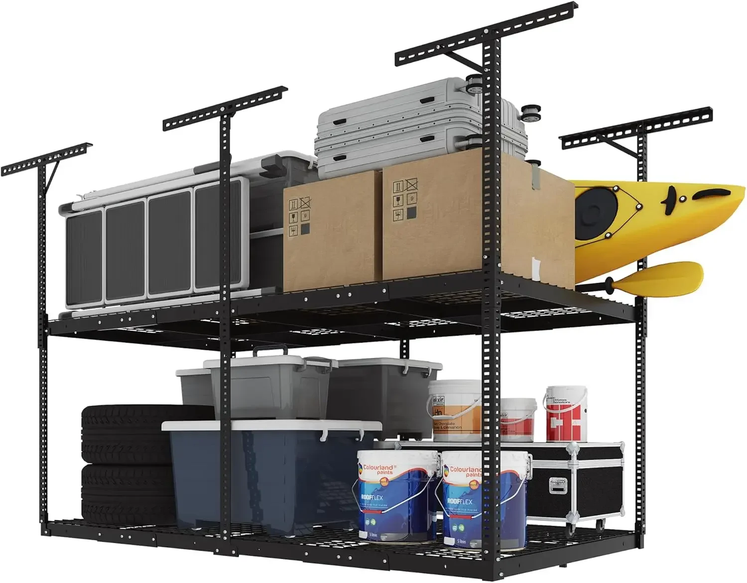 4x8 2-Tier Overhead Garage Storage Rack - Adjustable Heavy Duty Metal Garage Ceiling Storage Racks, 1000 lbs Capacity