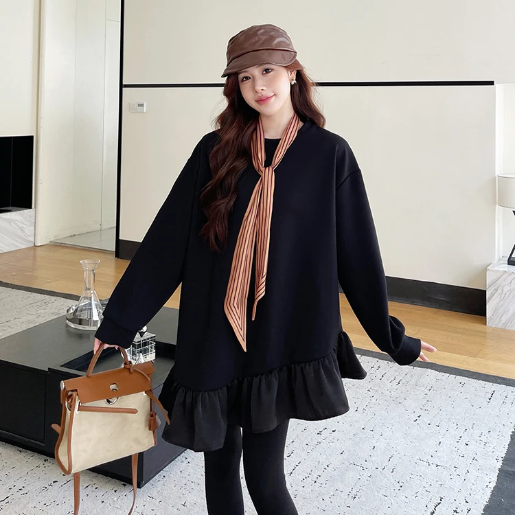 

Autumn Winter Oversize Patchwork Pleated Dress Women Long Sleeve Loose Black Ladies Dresses Vestidos