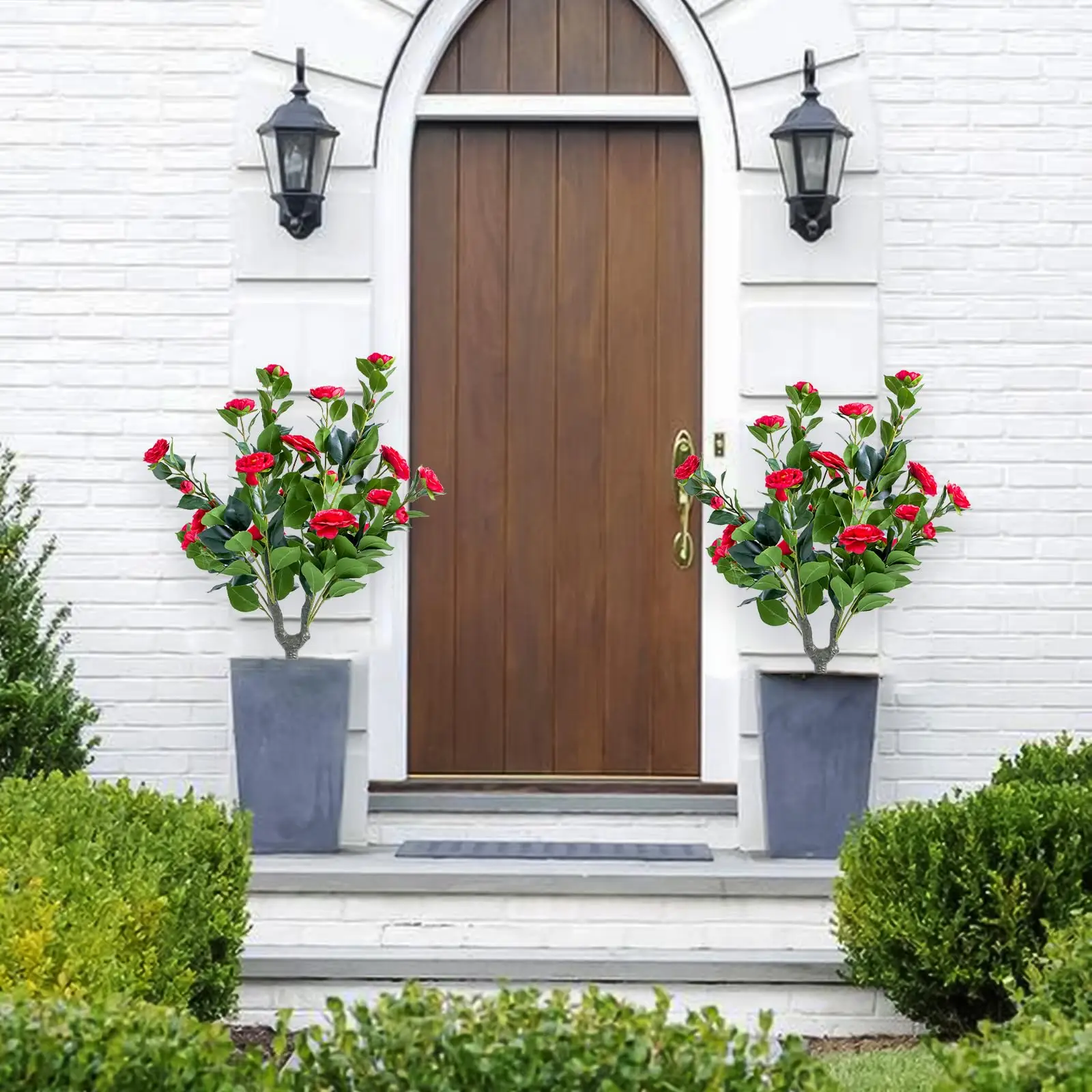 3 أقدام أشجار كرة زهرة توبياري صناعية مع سبايك أرضي، مجموعة من 2 شجيرات زهور الكاميليا المزيفة مع حصة #3