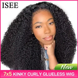 ISEE Hair Wear And Go Wigs Pre Cut PrePlucked Lace Front Glueless 7x5 Kinky Curly Wigs Human Hair Deep Curly Wigs Ready To Wear