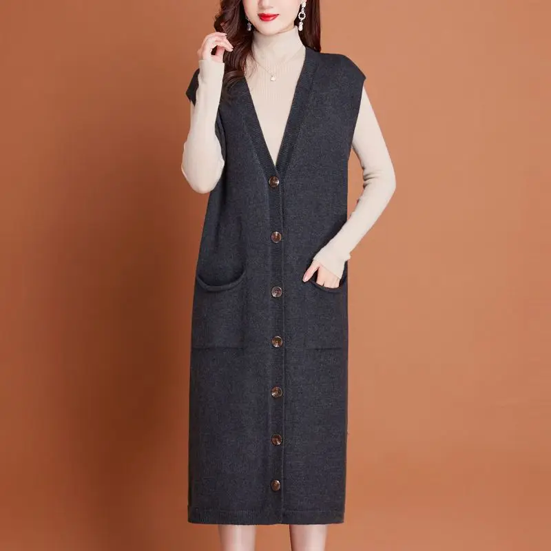 Sleeveless Knit Vest Jacket for Women Mid-Length Knitted Cardigan Loose Plus Size for Women Sweater Single-breasted Coat New