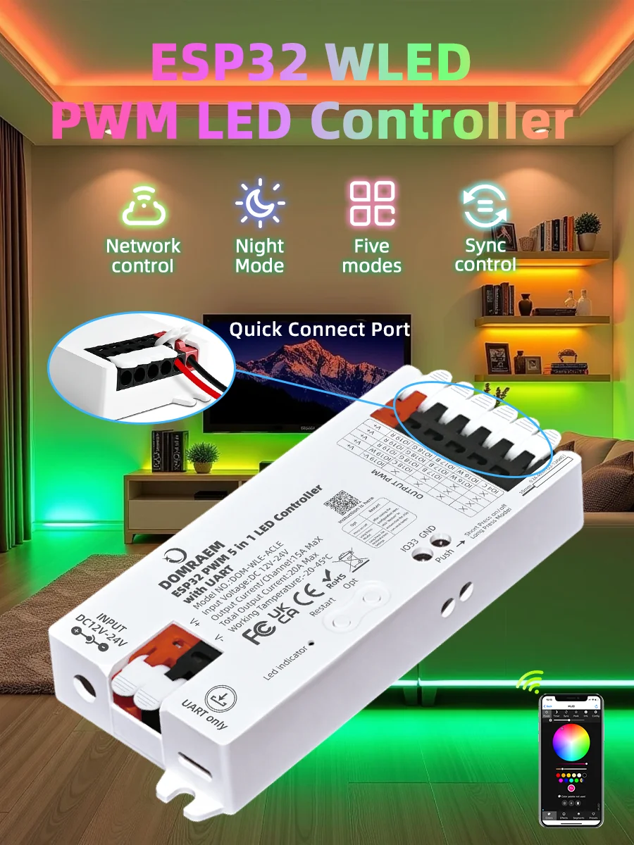 DOMRAEM ESP32 PWM 5-in-1 WLED WiFi LED-Streifen-Controller, UART Firmware-Download per Knopfdruck, Dimmung für CCT, RGB, RGBW, RGBCCT, DC12-24V 20A, Kompatibel mit Alexa & Google Home Assistant