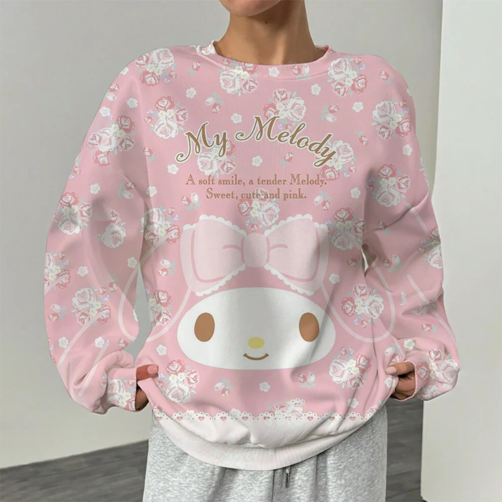 Women's Hello Kitty Printed Sweatshirt, High Street Women's Hoodie, Y2K Pattern Clothing, Casual Round Neck Sweater