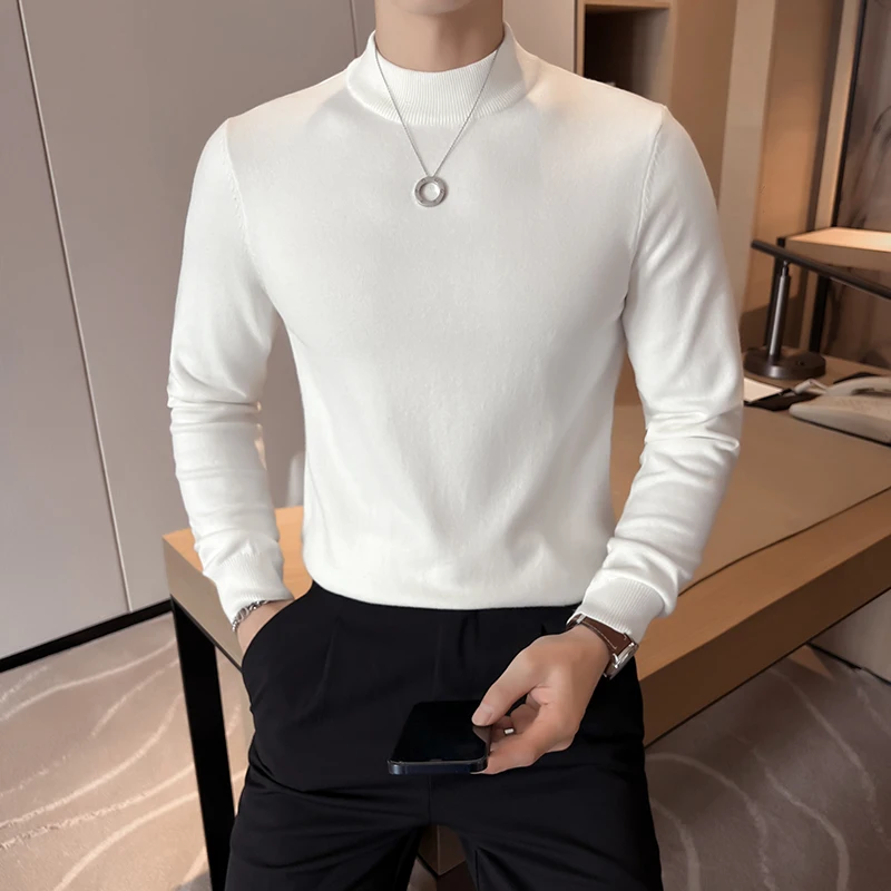 Men's Mock Neck Sweaters Knitted Basics Black White Warm Top Casual Slim Fit Pullovers Long Sleeve Stretch Warm White Jumper Man