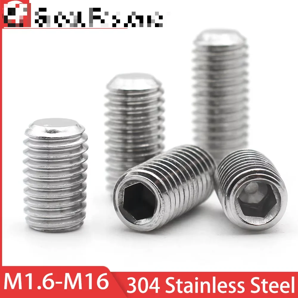 10pcs 304 Stainless Steel DIN916 Hex Socket Set Screws Flat Point MHeadless HexagonGrub Screw 2 M3 M4 M5 M6 M8 M10 M12-M16