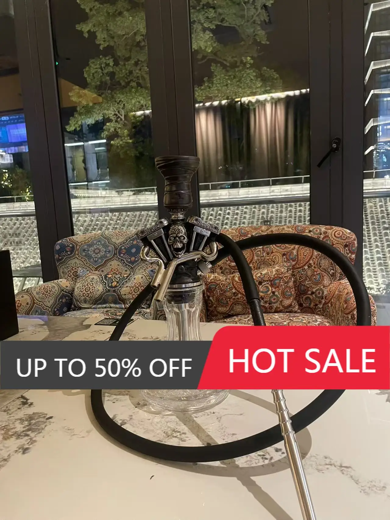 Maklaud Old Skull Iron Hookah Shisha Set 304 Stainless Steel With Pattern Glass Base Single Hose