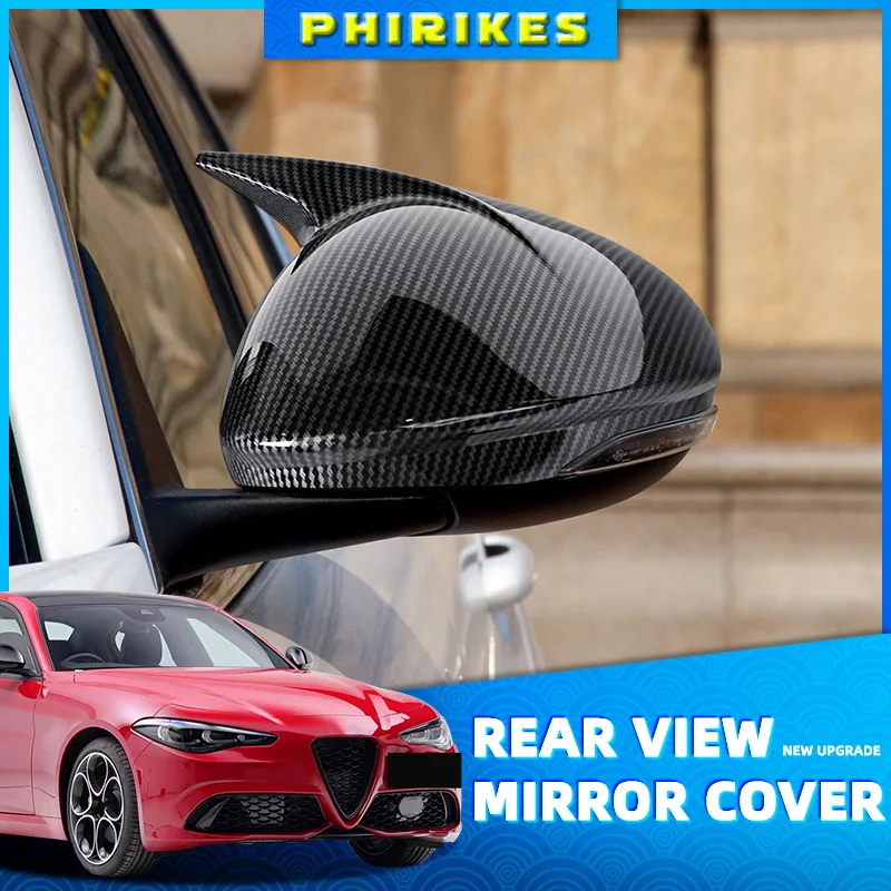 2Pcs Side Rearview Mirror Shell Cover Carbon Fiber For Alfa Romeo Stelvio Giulia 2017-2022 Glossy Black