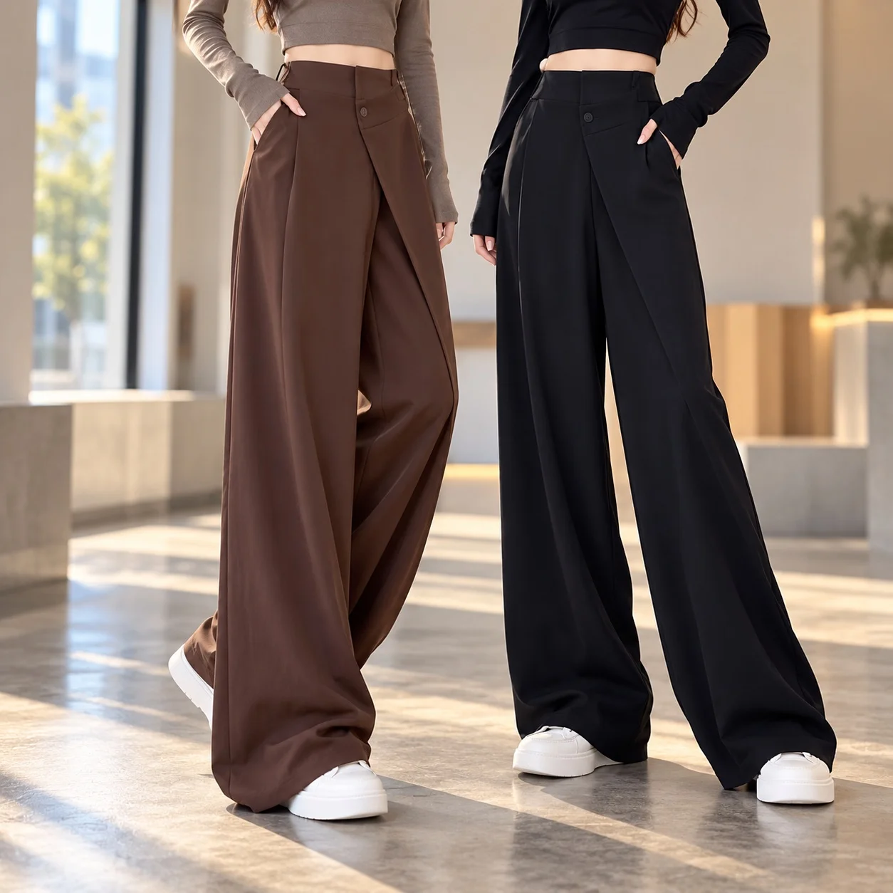 Casual Suit Straight Leg Full Length Japanese Korean Casual with Regular Thickness Spring Asymmetrical High Waist Women Pants