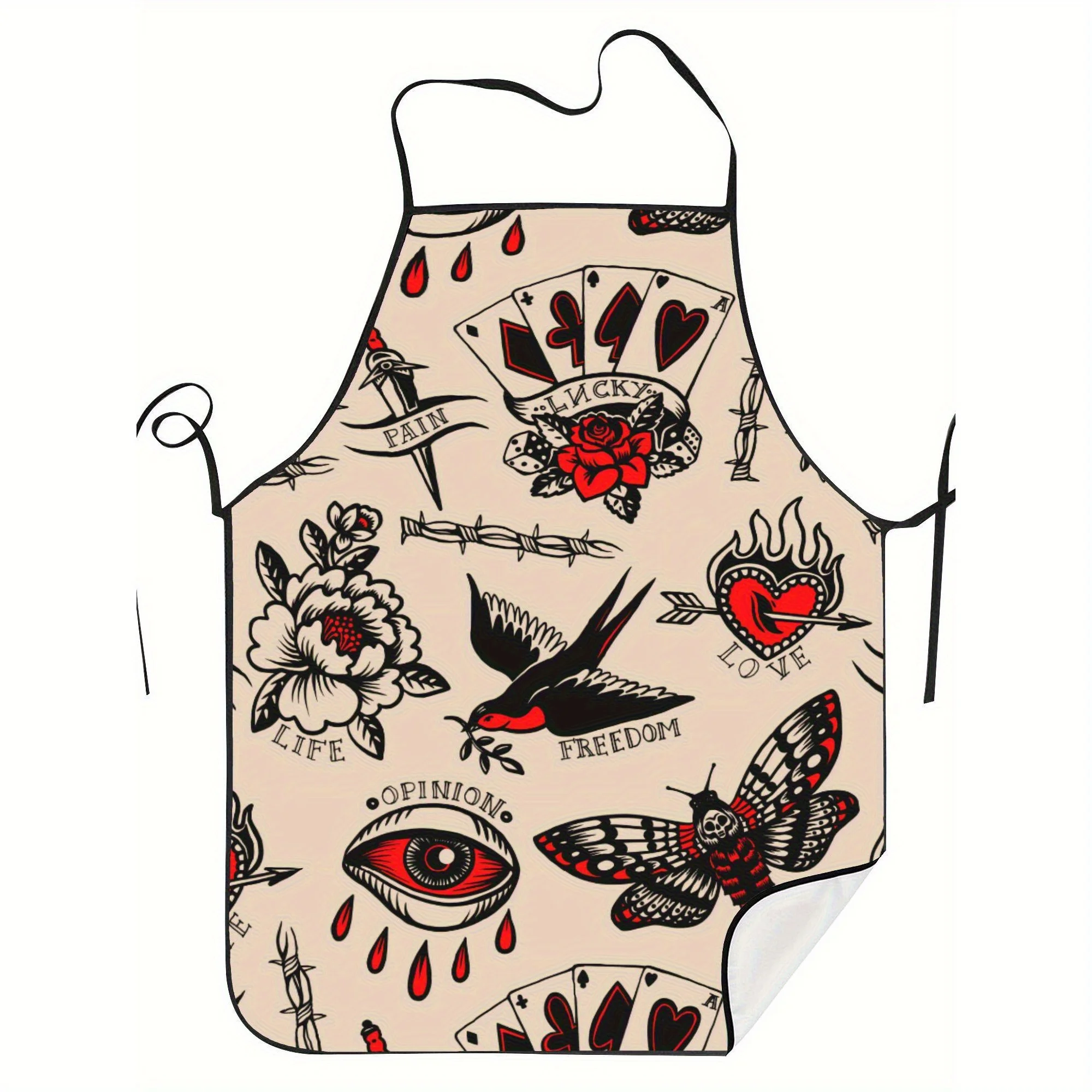 Vintage Tattoo Apron with Floral and Butterfly Design- Funny Polyester Cooking& Restaurant Wear, Hand-Washable, Non-Transparent,