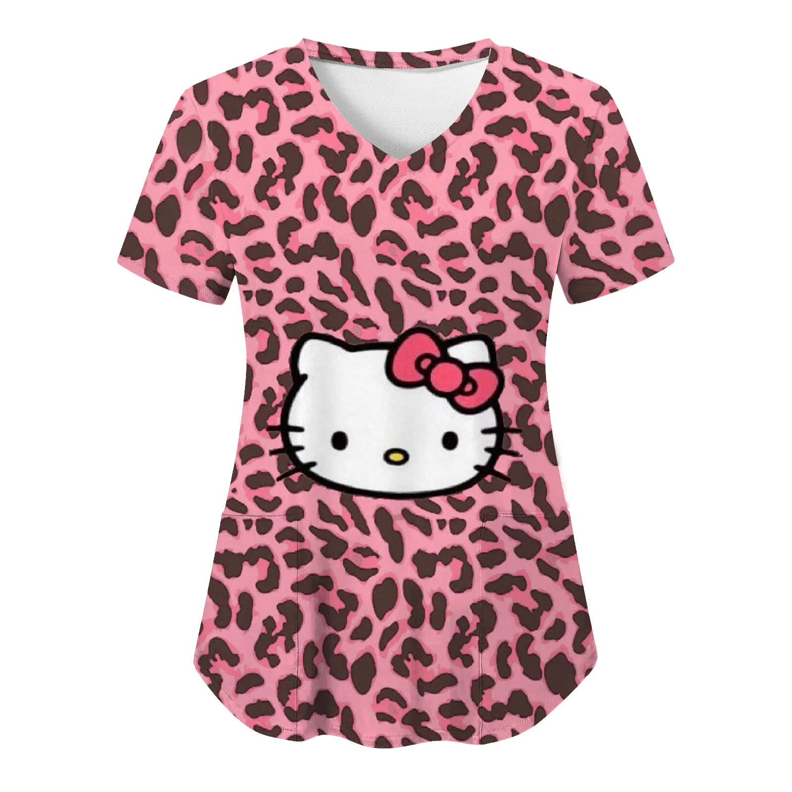 

Woman Nurse Uniform Hello Kitty Sanrio Animal Short Sleeve Y2k Clothes V Neck Top Women Summer T-shirt Streetwear Kawaii Pocket