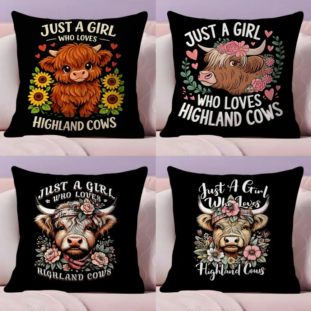 Scottish Highland cow black Cushion Cover Natural Linen Organic Fabric Double-Sided Printing Sofa Home Decor Gift Pillow Cover