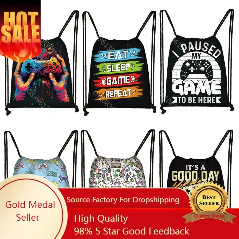 L Paused My Game To Be Here Print Drawstring Bags Gamepad Storage Bag for Travel Video Game Fans Backpack Teenager Bookbag Gift