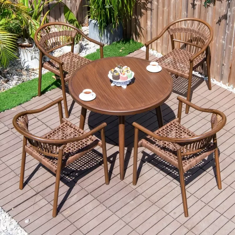 Modern Waterproof Outdoor Patio Table and Chair Set 5 Piece Coffee Color Garden Furniture for Villa Hotel Courtyard