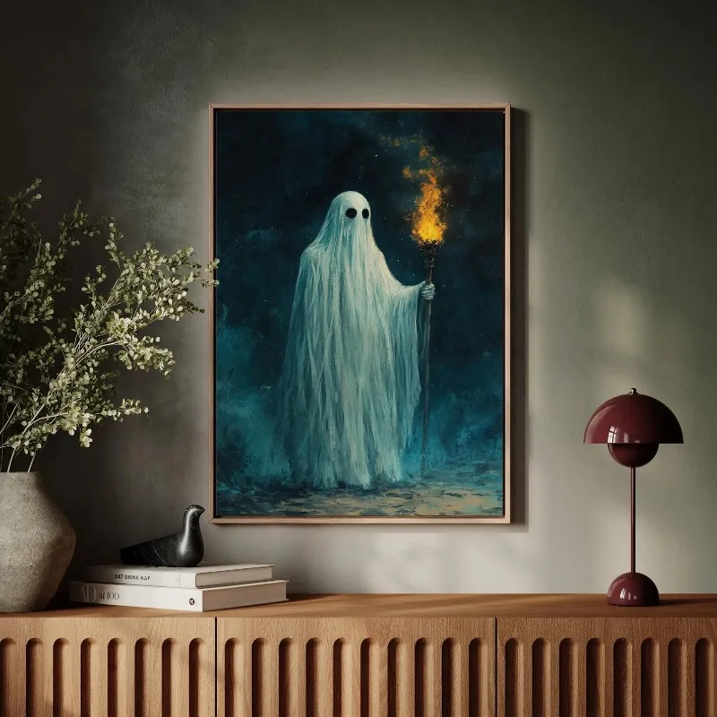 Ghost Holding Burning Torch Gothic Halloween Canvas Poster Prints Frameless Wall Art Mysterious Moody Rustic Home Decorations