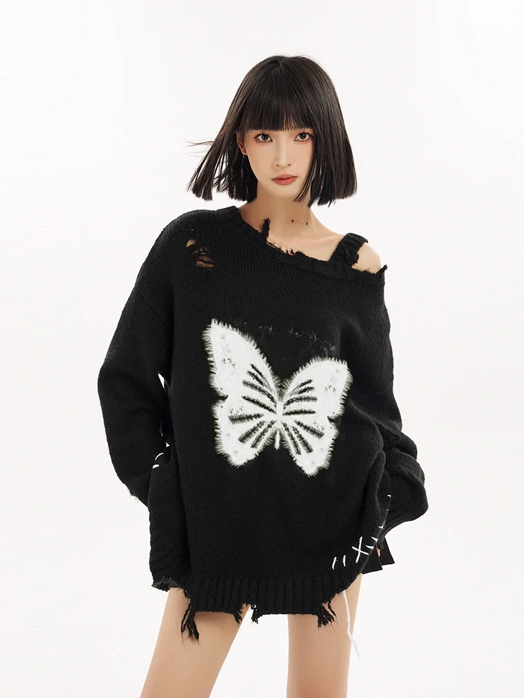 

Autumn New Off-shoulder Pullover Sweater Women Y2k Butterfly Printed Holes Harajuku Ripped Knitted Tops Vintage Chic Sweaters