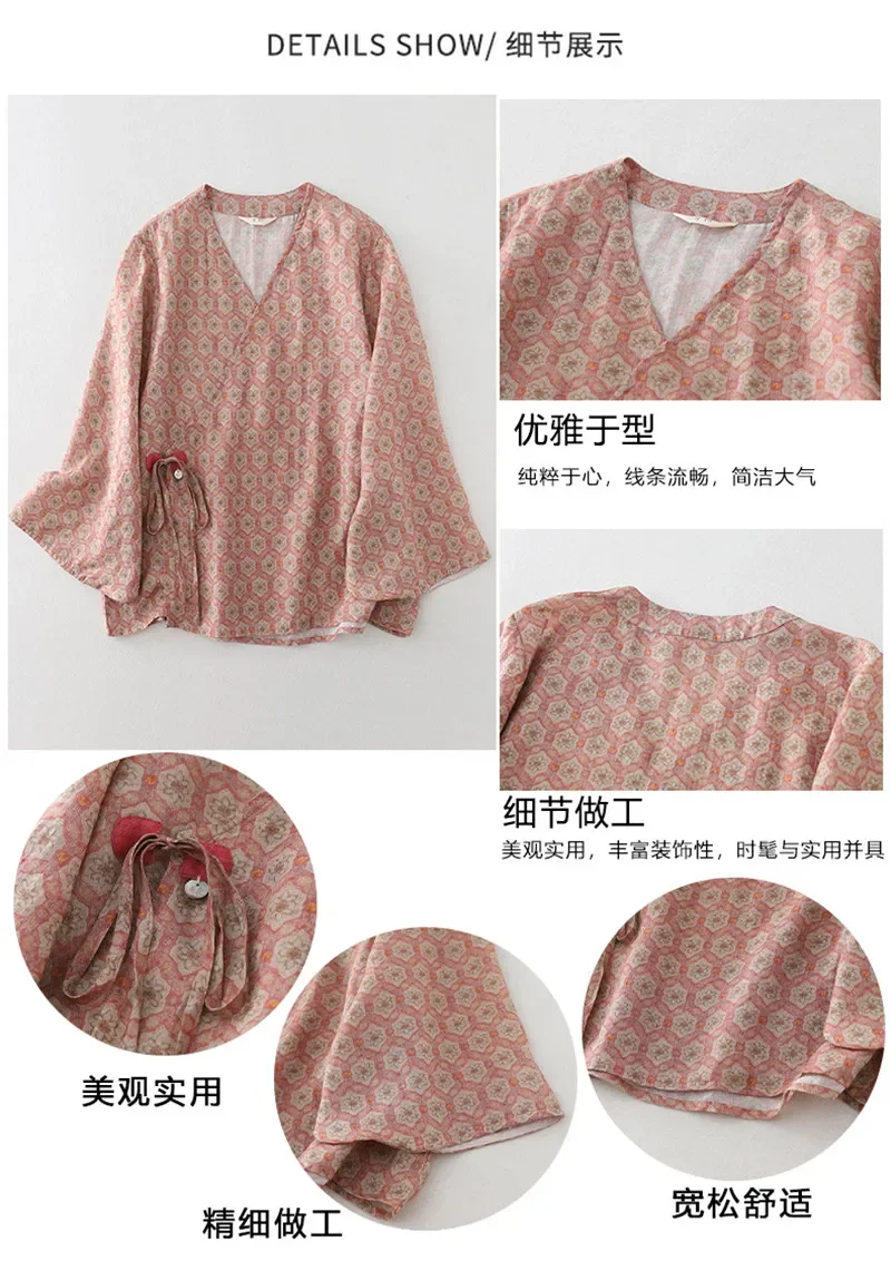 리미구에 민족풍 면 린넨 여름 셔츠 빈티지 플로럴 프린트 라미 블라우스 루즈 레이스업 가디건 통기성 여성 상의
